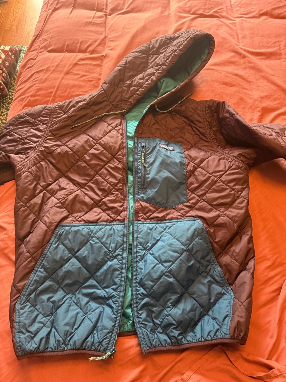 Patagonia Kids Quilted Hooded Puffer Jacket - Brown with Teal Accents